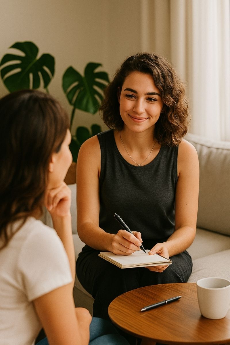 Coach en image échangeant avec sa cliente lors d'une séance personnalisée en intérieur Coach en image échangeant avec sa cliente lors d'une séance personnalisée en intérieur