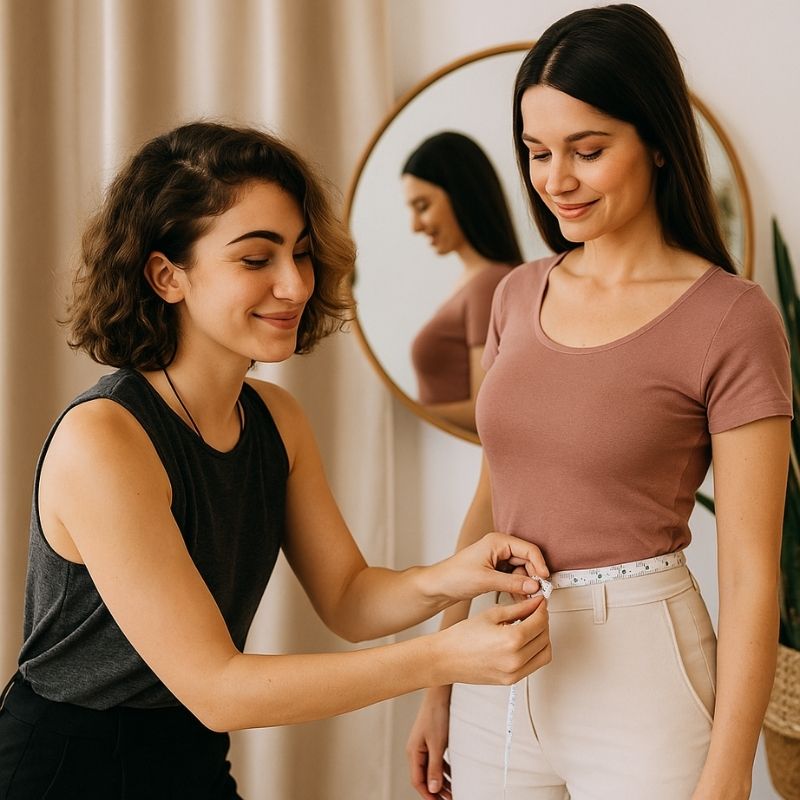 Coach en image prenant les mesures de sa cliente pour une analyse de silhouette