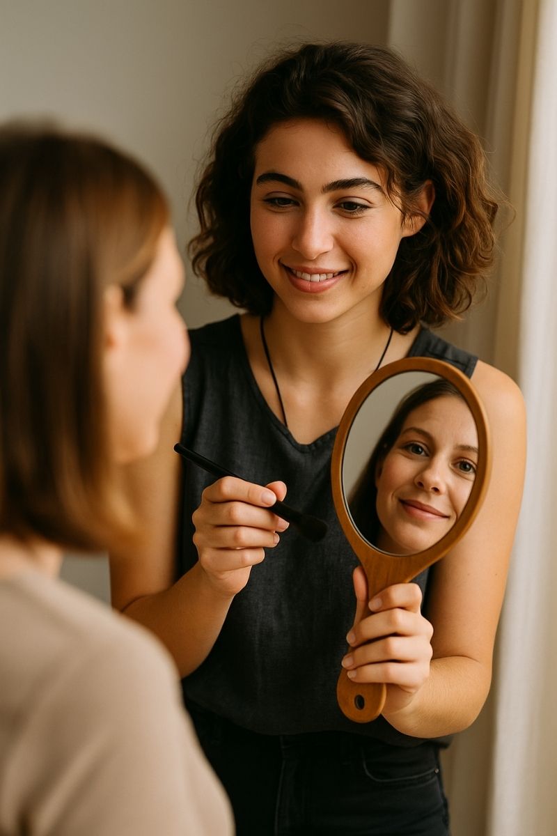 Fanny conseillant une cliente devant un miroir lors d’une séance beauté Fanny conseillant une cliente devant un miroir lors d’une séance beauté