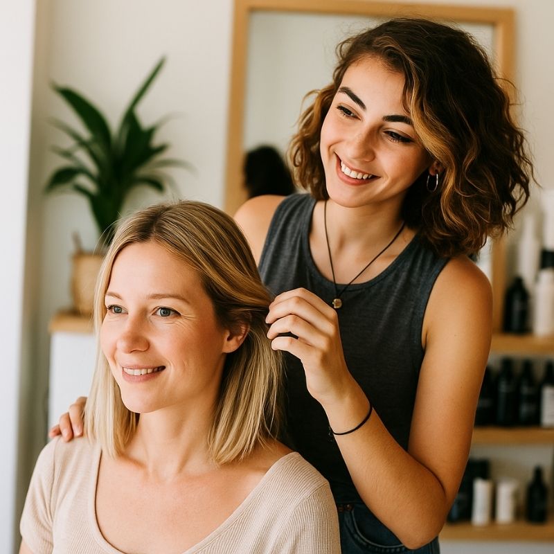 Fanny conseillant une cliente sur sa coiffure lors d’une séance personnalisée
