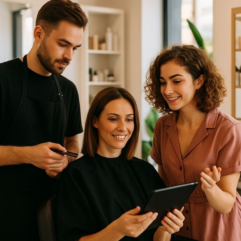 Fanny et coiffeur discutant d’un style avec une cliente dans un salon lumineux