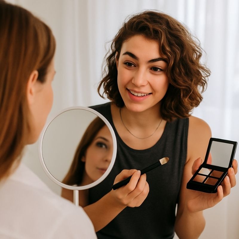 Fanny expliquant un geste maquillage à sa cliente lors d'une séance personnalisée