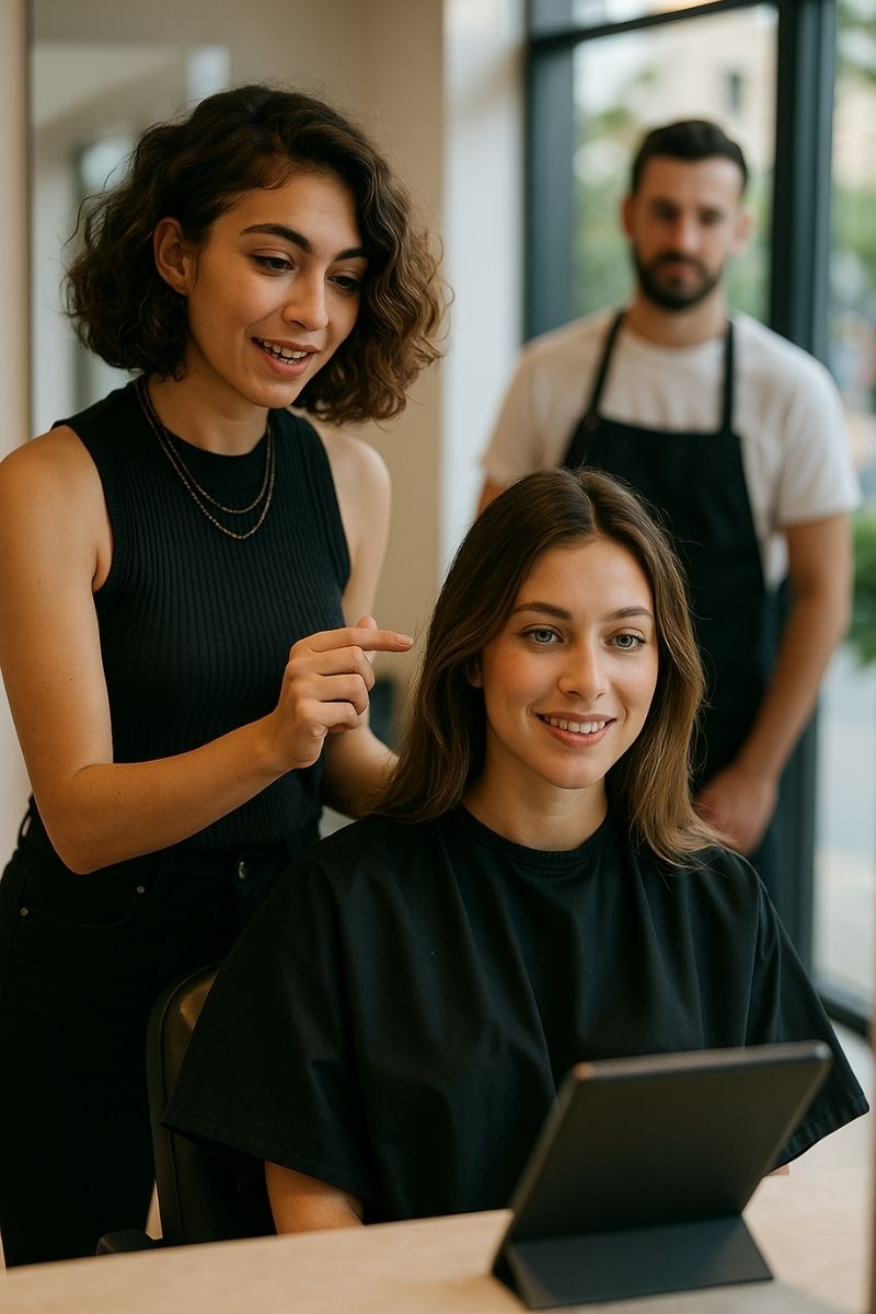 Fanny présentant une suggestion coiffure à une cliente en présence de son coiffeur Fanny présentant une suggestion coiffure à une cliente en présence de son coiffeur