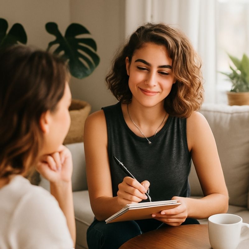 fanny, Coach en image prenant des notes lors d'une séance découverte avec sa cliente